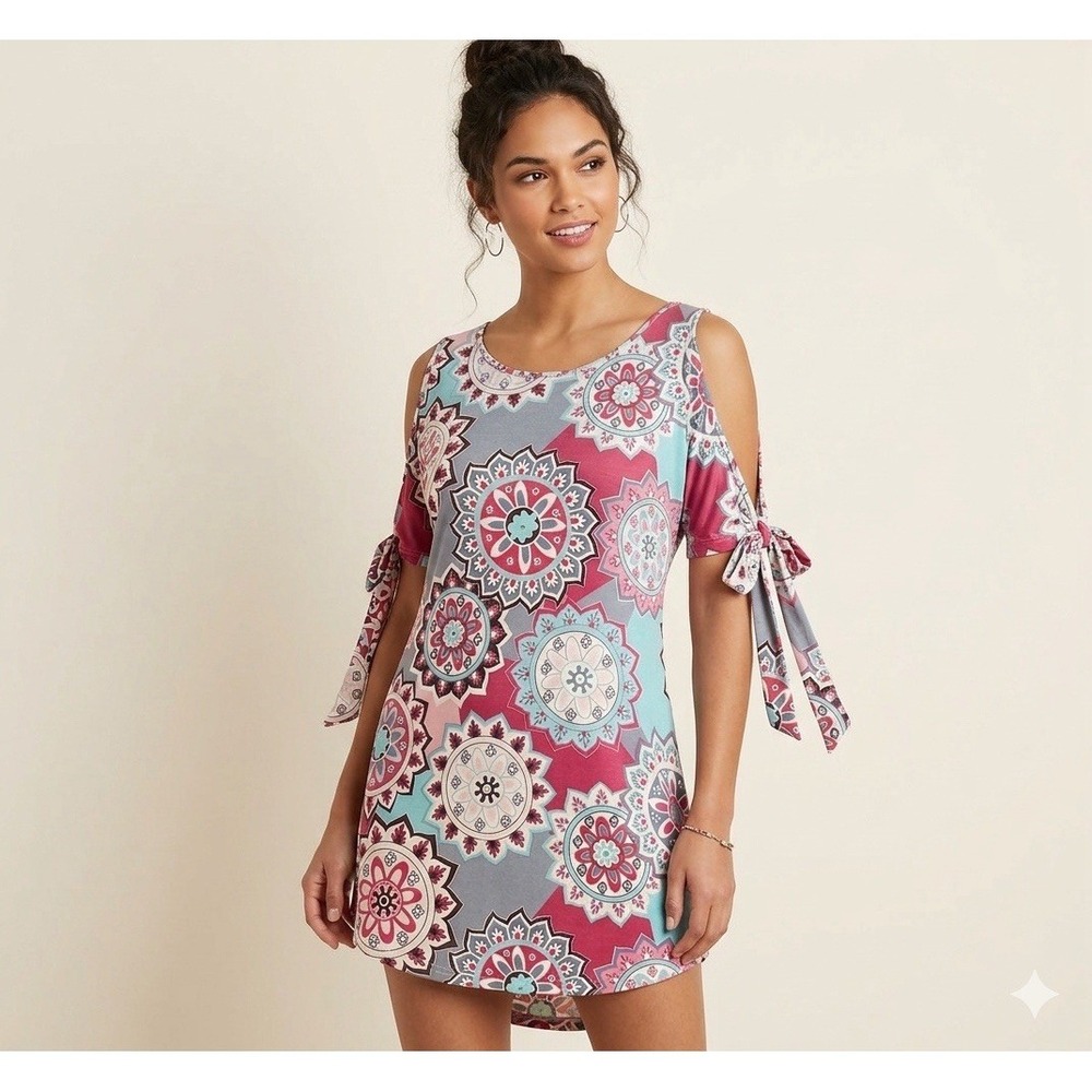 New Sheilay Womens‎ Size XL Mini Dress Multicolor Cold Shoulder Floral Mandala